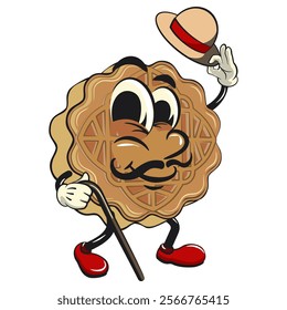 traditional chinese moon cake cartoon isolated vector illustration character mascot walk with a stick and saluting with raised hat, work of hand drawn