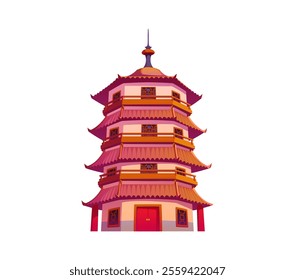 Traditional Chinese multi tiered pagoda tower with ornate roofs. Asian architecture symbolizing Lunar new year holiday, spirituality and cultural heritage. Cartoon vector Chinatown travel landmark