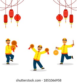 Traditional chinese musicians playing cymbal instrument for lion dance performance flat  illustration. Suitable for chinese new year theme.