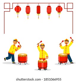 Traditional chinese musicians playing drum instrument for lion dance performance flat  illustration. Suitable for chinese new year theme.