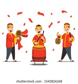 Traditional Chinese Musicians Playing Instrument For Lion Dance Performance Flat  Illustration. Suitable For Chinese New Year Theme.