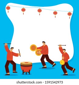 Traditional Chinese Musicians Playing Instrument For Lion Dance Performance Flat  Illustration. Suitable For Chinese New Year Theme.