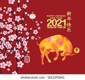 Traditional chinese new year 2021. Blossom background. Year of the Ox (Chinese translation Happy Chinese New Year, Year of Ox)