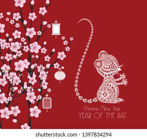 traditional chinese new year. Blossom background. Year of the rat