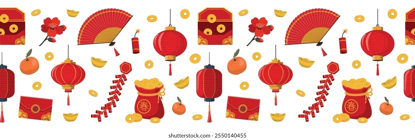 Traditional Chinese New Year border pattern. Cartoon Asian red paper lanterns, gold coins, and other holiday elements, festival New Year decoration. Vector illustration