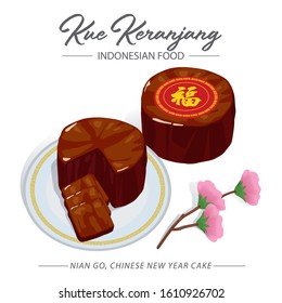 Traditional Chinese New Year Cake or called Kue Keranjang in Bahasa Indonesia or Nian Go, along with pink flower.
