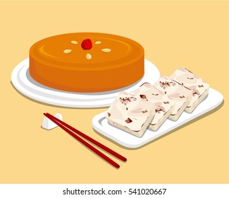 Traditional Chinese New Year Cake and turnip cake (fried radish cake) with chopsticks