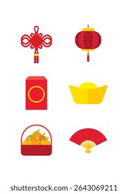 Traditional Chinese New Year collection. Cartoon asian red paper lanterns, gold coins, and other holiday elements, festival New Year decoration. Cartoon vector illustration