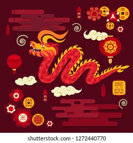 Traditional chinese New Year decorations. Red grinning dragon with lanterns, flowers, coins and clouds.