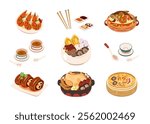 Traditional Chinese New Year dinner dishes. There are buddhas temptation, hot pot, shrimps, steamed glutinous rice, sauce dish, chicken, stewed pork leg and fish isolated on white background.