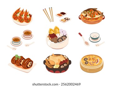 Traditional Chinese New Year dinner dishes. There are buddhas temptation, hot pot, shrimps, steamed glutinous rice, sauce dish, chicken, stewed pork leg and fish isolated on white background.