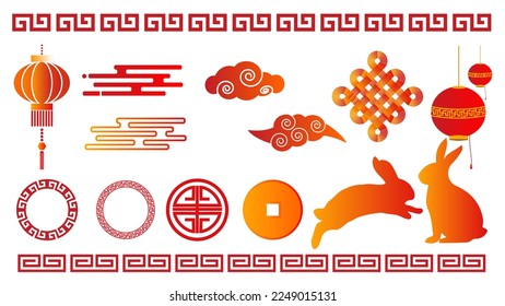 Traditional chinese new year elements asian oriental ornaments japanese festive decorations clouds lantern patterns Rabbit Coin