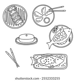 Comida tradicional china del año Nuevo. Pescado Yu, albóndigas Jau gok, Jiaozi, pastel de arroz Niangao. Contorno negro aislado sobre un fondo blanco. Web y diseño digital iconos, tarjetas, páginas para colorear libro, menús