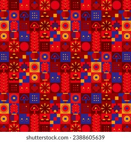 Traditional Chinese New Year geometric seamless pattern, flat minimalist style design of traditional Chinese auspicious symbols, celebrating the New Year’s prosperity and wealth vector illustration