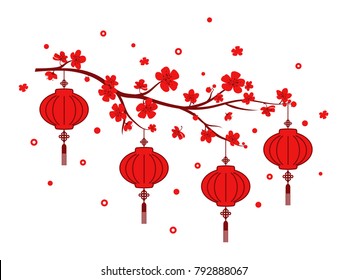 Traditional Chinese New Year Red Lantern on white background. Vector illustration.