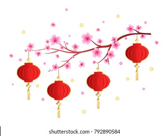 Traditional Chinese New Year Red Lantern on white background. Vector illustration.