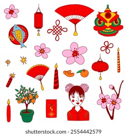 Traditional Chinese New Year Symbol Set. Clipart, flat colorful icons. Lion dance mask, paper lantern, fan, fish, oranges, envelopes, plum blossom, a girl with traditional clothes. Web, print, sticker