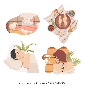 Traditional Chinese or oriental alternative medicine vector flat illustration. Ginseng root, medical herbs, and seeds. Natural healing, acupuncture, hirudotherapy, and ventosa therapy concept.