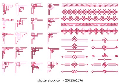 Traditional chinese oriental decorative border elements and separators. Asian festive ornament corners and borders vector illustration set. Chinese oriental border decorative