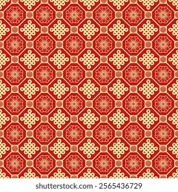 Traditional Chinese ornament seamless pattern. Oriental red and gold tone design. Vector design for background, wallpaper, wrapping paper, backdrop, fabric and textile.