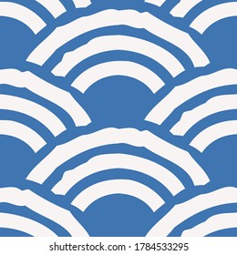 Traditional chinese ornament symbolizing waves, semicircular lines of white and blue superimposed on each other like scales.