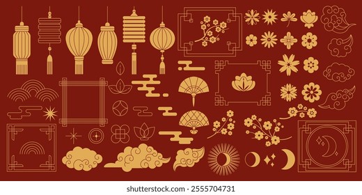 Traditional Chinese ornaments and frames linear glyph icons collection. Ancient Asian folklore culture art objects set on red background