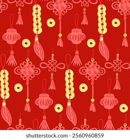 Traditional Chinese ornaments and lanterns illustrated in red and yellow. Seamless festive vector pattern with cultural motifs. Chinese New Year illustration