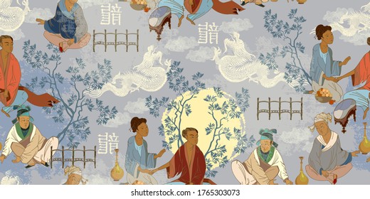 Traditional Chinese paintings. Tradition and culture of Asia. Classic wall drawing. Murals and watercolor asian style. Ancient China seamless pattern. Oriental people and dragons. Tea ceremony 