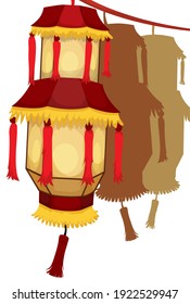 Traditional Chinese palace lanterns hanging over a rope, isolated over white background.