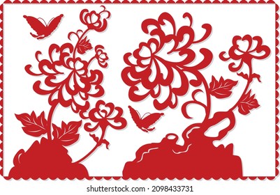 Traditional Chinese paper cutting. Flowers and butterflies. Vector art.