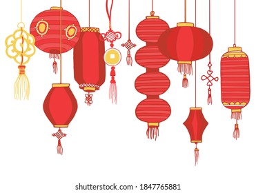 Traditional Chinese paper lanterns, coins and symbols hanging on the top of the page. Hand drawn vector illustration on white background