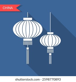 Traditional Chinese paper lanterns. Flat icon with long shadow. Vector Illustration