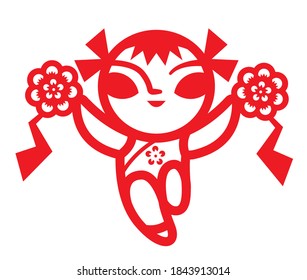 Traditional Chinese paper-cut. A Paper-cut China-doll with Chinese costume dancing with 2 flower balls. - vector