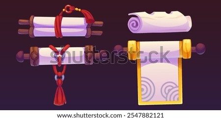 Traditional Chinese parchment scroll set. Four variations with wooden roller, red tassel, decorative waves and golden trim. Bound manuscript, ornate hanging document, rolled paper and unfolded scroll.