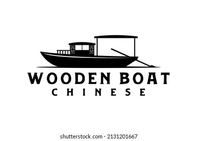 Traditional Chinese Passenger Boat Ship silhouette on the river logo design
