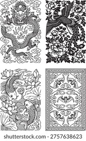 Traditional Chinese pattern, Chinese style, Asian ornament, Oriental background, Vector illustration, Black and white, Monochrome, Line art