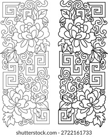 Traditionelles chinesisches Muster, Vektorlinienkunst, schwarz-weiß, Pfingstrosenblume mit Hui-Musterrand