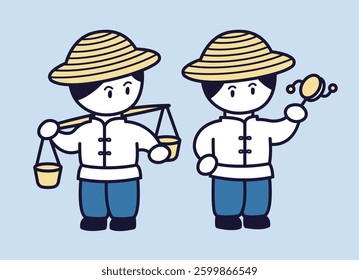 Traditional Chinese Peddler Characters With Shoulder Pole And Rattle Drum