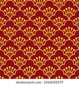 Traditional Chinese peony seamless pattern. Oriental red and gold tone design. Vector design for background, wallpaper, wrapping paper, backdrop, fabric and textile.