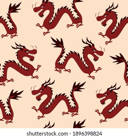 Traditional Chinese red dragon. Retro drawing of a dragon. Red dragon seamless pattern.