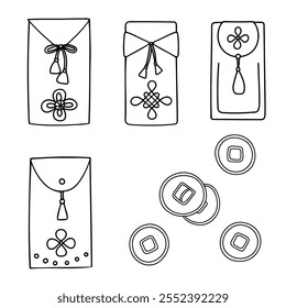 Traditionelle chinesische rote Umschläge, rote Pakete, Hongbao, ang pau. Einfache schwarze Kontur doodle Symbol-Set. Geldgeschenk, Mond-Neujahr, Feier, Feiertage. Web, digitales Design, Logos, Aufkleber, Karten