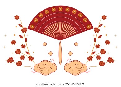 Traditional Chinese red hand fan adorned with flowers, sparkles, and clouds in delicate outline style