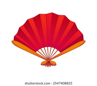 Traditional Chinese red hand fan with pleated folds and an elegant, ornamental handle. Isolated cartoon vector lunar New Year holiday cultural item for Cny celebration, elegance, art and fashion