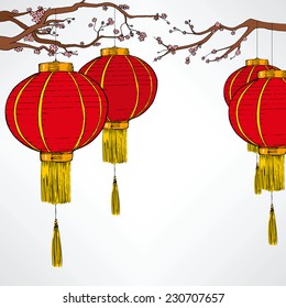 Traditional Chinese red lantern decoration elements for lunar new year celebration hanging from cherry tree