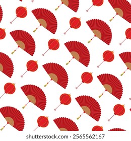 Traditional Chinese red lantern and fan seamless pattern, Perfect for party designs, home decor, gift wrap, textiles and cards.