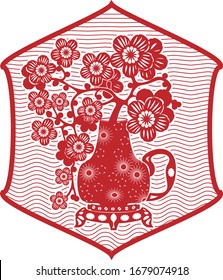 Traditional Chinese red paper clippings, imitation. Sakura branches in a jug