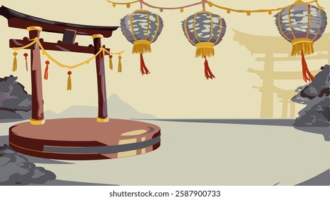 A Traditional Chinese red podium with torii gate, lanterns, and serene background