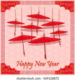 Traditional Chinese red umbrellas on abstract background. Vector illustration.