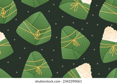 Traditional Chinese rice dish Zongzi wrapped in bamboo leaf. Vector seamless pattern, cartoon asian dumplings.