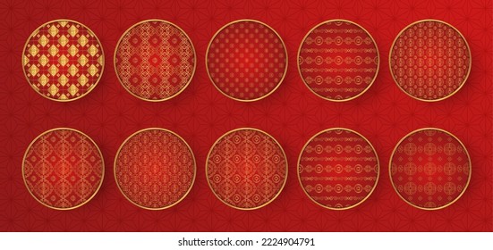 Traditional chinese round pattern decor set. Red golden asian luxury ornament. Oriental, japanese circle. Eastern vector creative motif. Template for greeting new year, banner, poster and calendar.